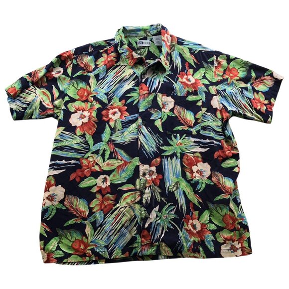 Untied Other - Untied Mens Hawaiian Shirt Size XL 100% Silk Navy Floral Short Sleeve Casual Y2K